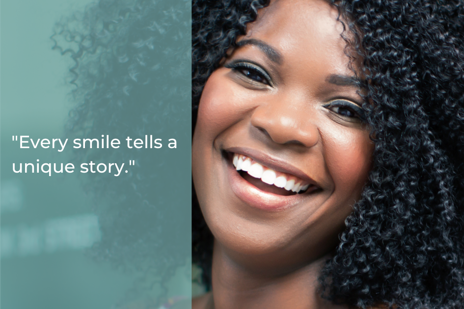 A woman with curly hair smiles broadly. Text on the left reads: "Every smile tells a unique story." Discover how veneers and smile makeovers can transform your look.