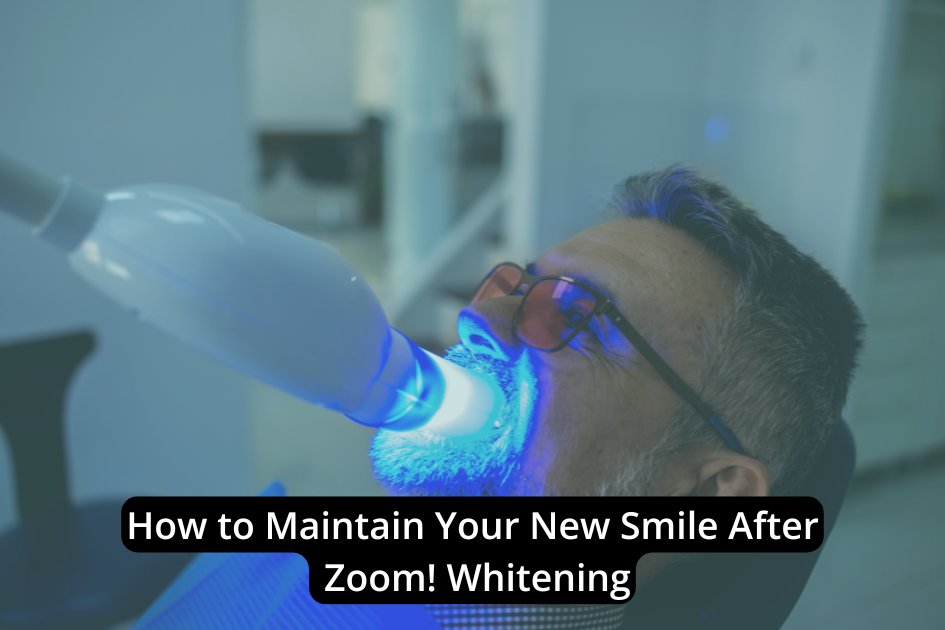 A person receives a Zoom whitening treatment at a dental clinic, with text overlay offering tips to maintain a white smile after teeth whitening.