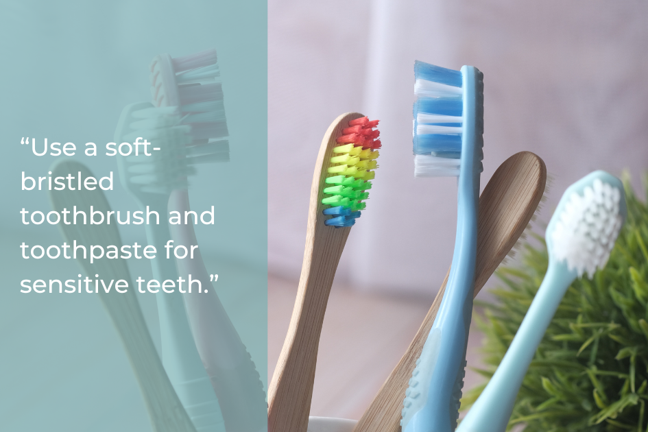 Four toothbrushes with soft bristles stand upright in a holder beside a green plant, accompanied by a quote about using soft-bristled brushes for sensitive teeth to help maintain white teeth.