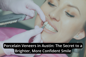 A dental professional in Austin compares porcelain veneers to a woman's teeth during a consultation, helping her envision a brighter smile.