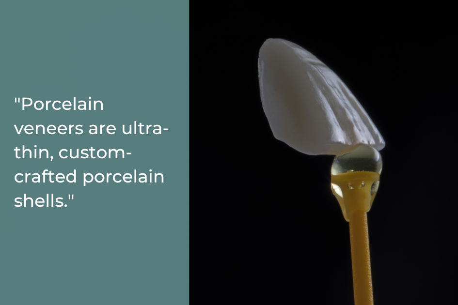 A single porcelain veneer is displayed on a yellow applicator against a black background, next to a text box describing how porcelain veneers in Austin can help you achieve a confident smile.