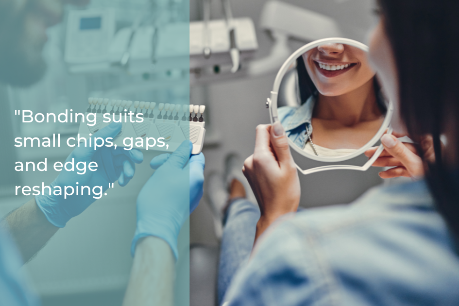 A dentist in Austin shows a patient shade samples while she smiles and holds a mirror; text explains dental bonding and veneers suit chips, gaps, and edge reshaping.