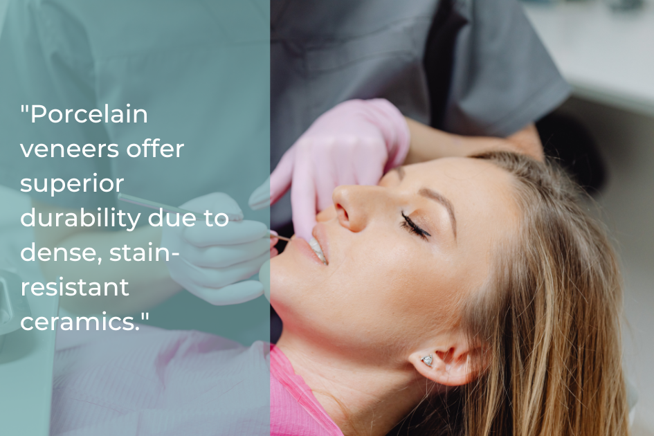 A dental professional in pink gloves applies dental work to a woman lying back in a chair; an educational text about porcelain veneers and dental bonding is displayed at this Austin clinic.