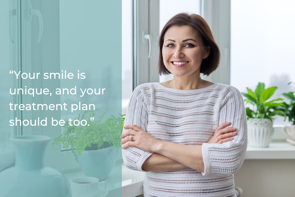 A woman with short brown hair stands with arms crossed and smiles in a bright Austin room filled with plants. Text reads: "Your smile is unique, and your treatment plan should be too. Find your smile confidence today.