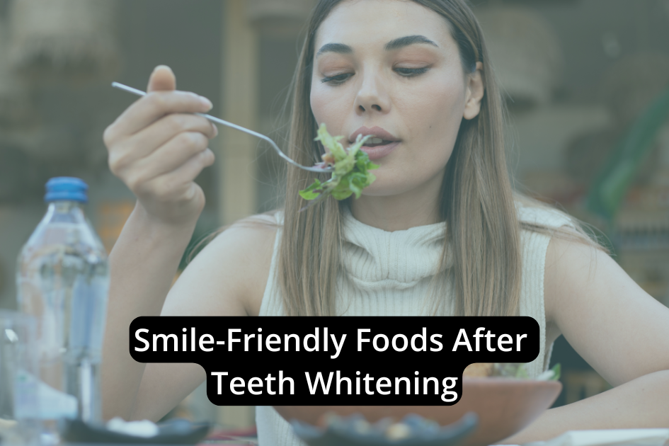 A woman enjoys a salad with a fork at a table, alongside a water bottle, with the text "Smile-Friendly Foods After Teeth Whitening"—perfect inspiration for your post-whitening diet.