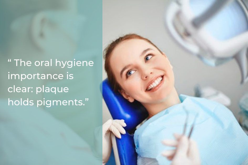 A smiling woman sits in a dental chair, wearing a bib, while a dentist holds dental tools. A quote about oral hygiene and teeth whitening is displayed on the image.