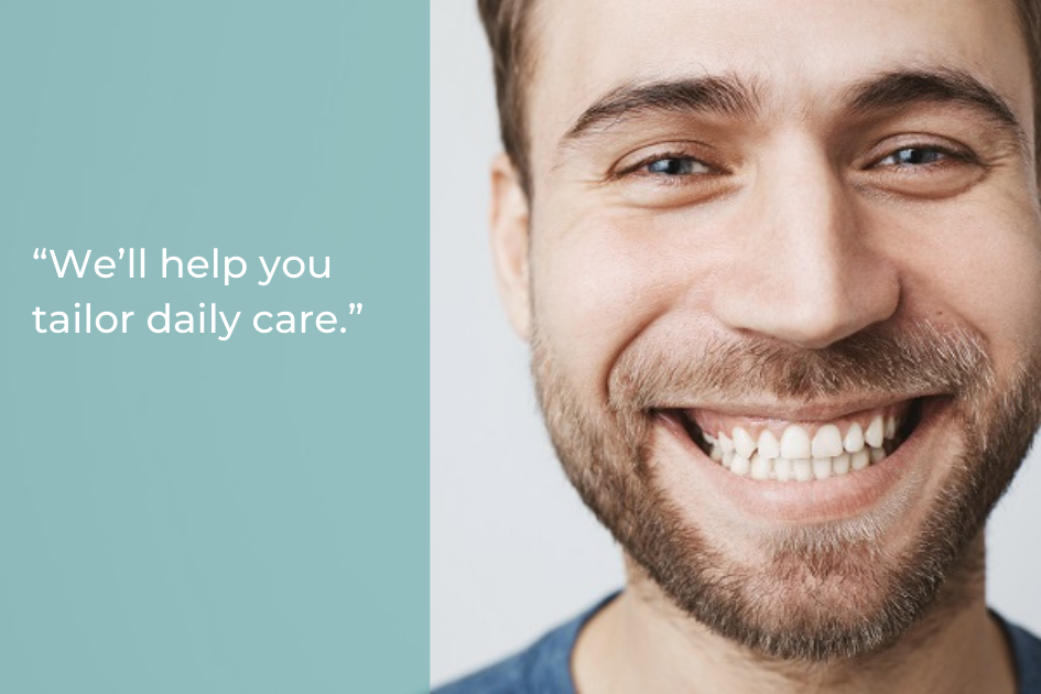 A smiling man with a beard is shown close up on the right, with the text “We’ll help you tailor safe daily care.” on a blue background to the left.